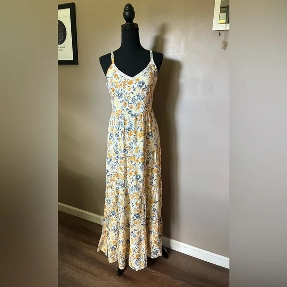 JOIE Floral cotton tiered Maxi Dress yellow & gray boho coastal cowgirl Sz 6 EUC - Picture 1 of 16